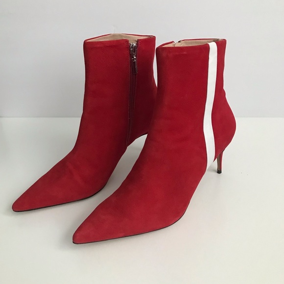Schutz  Adrien Red Suede White Stripe Ankle Boots - Picture 3 of 8
